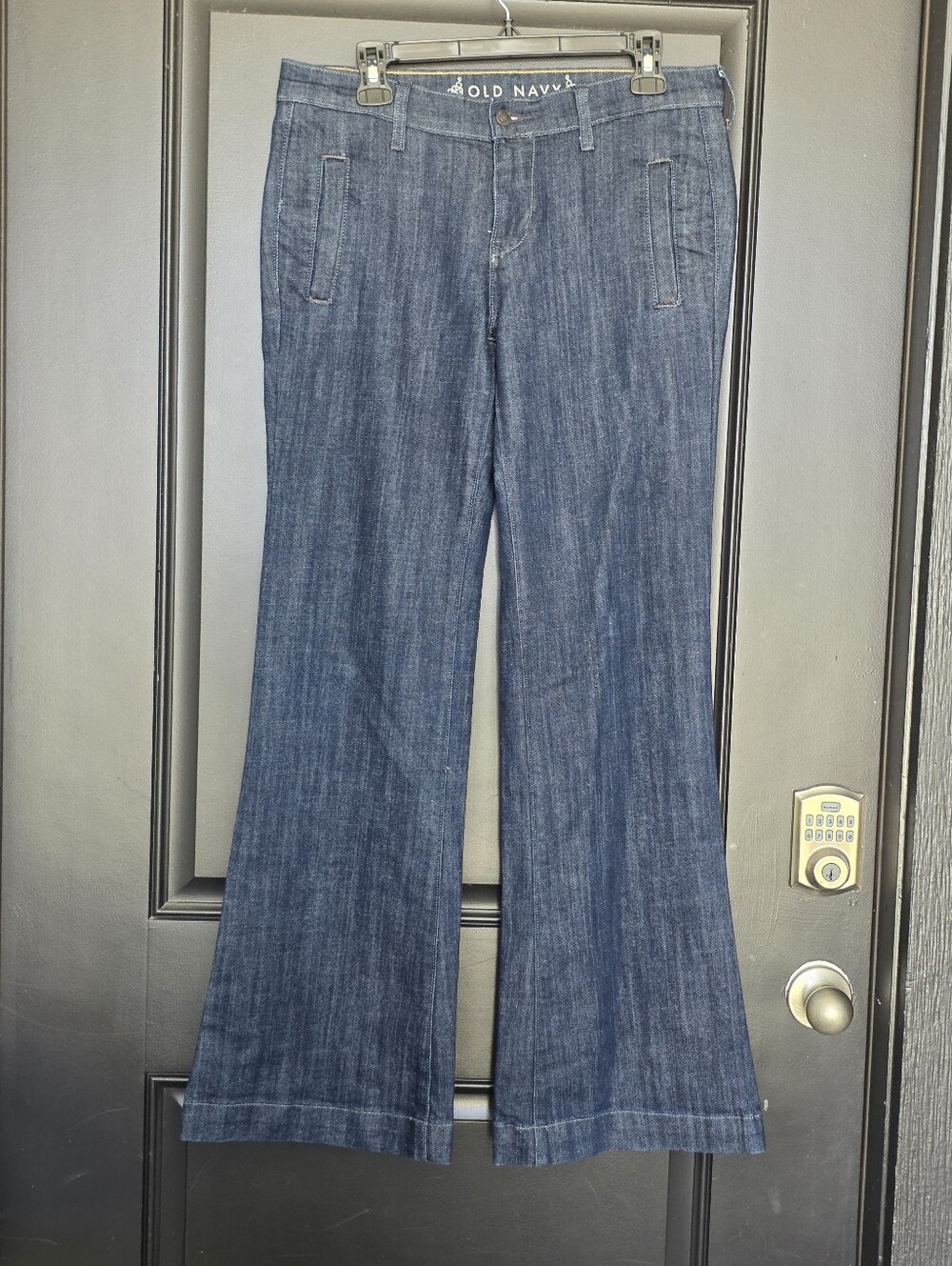Old Navy Dark Wash Flare Jeans Women's Sz 8 High Rise Stretch Wide Leg